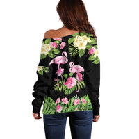 The Bahamas Flamingo Off Shoulder Sweater Bahamian Tropical Flowers - Wonder Print Shop