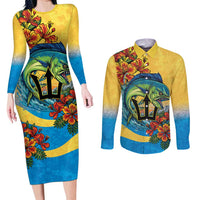 Barbados Mahi-mahi Trident Couples Matching Long Sleeve Bodycon Dress and Long Sleeve Button Shirt - Wonder Print Shop