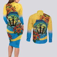 Barbados Mahi-mahi Trident Couples Matching Long Sleeve Bodycon Dress and Long Sleeve Button Shirt - Wonder Print Shop
