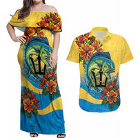 Barbados Mahi-mahi Trident Couples Matching Off Shoulder Maxi Dress and Hawaiian Shirt - Wonder Print Shop