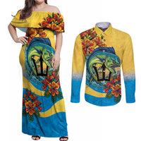 Barbados Mahi-mahi Trident Couples Matching Off Shoulder Maxi Dress and Long Sleeve Button Shirt - Wonder Print Shop