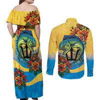 Barbados Mahi-mahi Trident Couples Matching Off Shoulder Maxi Dress and Long Sleeve Button Shirt - Wonder Print Shop