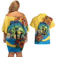 Barbados Mahi-mahi Trident Couples Matching Off Shoulder Short Dress and Hawaiian Shirt - Wonder Print Shop