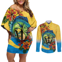 Barbados Mahi-mahi Trident Couples Matching Off Shoulder Short Dress and Long Sleeve Button Shirt - Wonder Print Shop