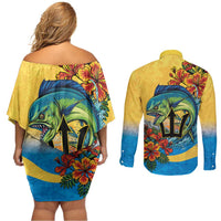 Barbados Mahi-mahi Trident Couples Matching Off Shoulder Short Dress and Long Sleeve Button Shirt - Wonder Print Shop