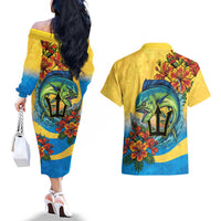 Barbados Mahi-mahi Trident Couples Matching Off The Shoulder Long Sleeve Dress and Hawaiian Shirt - Wonder Print Shop