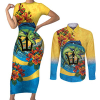 Barbados Mahi-mahi Trident Couples Matching Short Sleeve Bodycon Dress and Long Sleeve Button Shirt - Wonder Print Shop