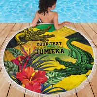 Personalized Jamaica Crocodile Beach Blanket Tropical Flowers Grunge Flag - Wonder Print Shop