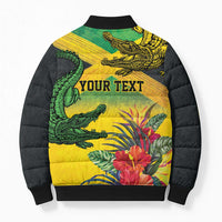 Personalized Jamaica Crocodile Bomber Puffer Jacket Tropical Flowers Grunge Flag - Wonder Print Shop