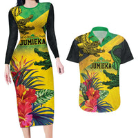 Personalized Jamaica Crocodile Couples Matching Long Sleeve Bodycon Dress and Hawaiian Shirt Tropical Flowers Grunge Flag - Wonder Print Shop