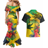 Personalized Jamaica Crocodile Couples Matching Mermaid Dress and Hawaiian Shirt Tropical Flowers Grunge Flag - Wonder Print Shop