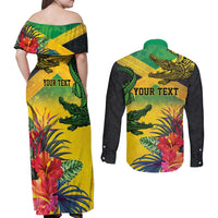 Personalized Jamaica Crocodile Couples Matching Off Shoulder Maxi Dress and Long Sleeve Button Shirt Tropical Flowers Grunge Flag - Wonder Print Shop