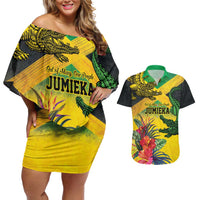 Personalized Jamaica Crocodile Couples Matching Off Shoulder Short Dress and Hawaiian Shirt Tropical Flowers Grunge Flag - Wonder Print Shop