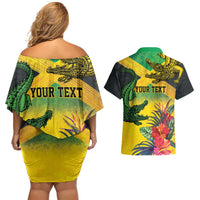 Personalized Jamaica Crocodile Couples Matching Off Shoulder Short Dress and Hawaiian Shirt Tropical Flowers Grunge Flag - Wonder Print Shop