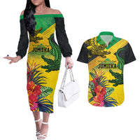 Personalized Jamaica Crocodile Couples Matching Off The Shoulder Long Sleeve Dress and Hawaiian Shirt Tropical Flowers Grunge Flag - Wonder Print Shop
