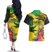 Personalized Jamaica Crocodile Couples Matching Off The Shoulder Long Sleeve Dress and Hawaiian Shirt Tropical Flowers Grunge Flag - Wonder Print Shop