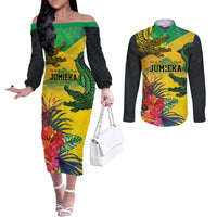Personalized Jamaica Crocodile Couples Matching Off The Shoulder Long Sleeve Dress and Long Sleeve Button Shirt Tropical Flowers Grunge Flag - Wonder Print Shop
