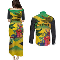 Personalized Jamaica Crocodile Couples Matching Puletasi and Long Sleeve Button Shirt Tropical Flowers Grunge Flag - Wonder Print Shop