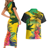 Personalized Jamaica Crocodile Couples Matching Short Sleeve Bodycon Dress and Hawaiian Shirt Tropical Flowers Grunge Flag - Wonder Print Shop