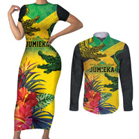 Personalized Jamaica Crocodile Couples Matching Short Sleeve Bodycon Dress and Long Sleeve Button Shirt Tropical Flowers Grunge Flag - Wonder Print Shop