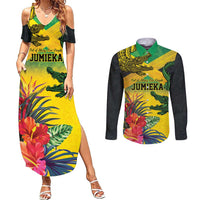 Personalized Jamaica Crocodile Couples Matching Summer Maxi Dress and Long Sleeve Button Shirt Tropical Flowers Grunge Flag - Wonder Print Shop