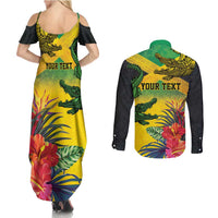 Personalized Jamaica Crocodile Couples Matching Summer Maxi Dress and Long Sleeve Button Shirt Tropical Flowers Grunge Flag - Wonder Print Shop