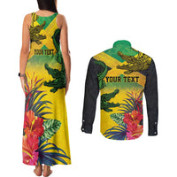 Personalized Jamaica Crocodile Couples Matching Tank Maxi Dress and Long Sleeve Button Shirt Tropical Flowers Grunge Flag - Wonder Print Shop