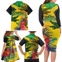 Personalized Jamaica Crocodile Family Matching Long Sleeve Bodycon Dress and Hawaiian Shirt Tropical Flowers Grunge Flag - Wonder Print Shop