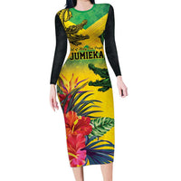 Personalized Jamaica Crocodile Family Matching Long Sleeve Bodycon Dress and Hawaiian Shirt Tropical Flowers Grunge Flag - Wonder Print Shop
