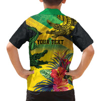 Personalized Jamaica Crocodile Family Matching Off The Shoulder Long Sleeve Dress and Hawaiian Shirt Tropical Flowers Grunge Flag - Wonder Print Shop