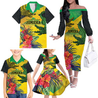 Personalized Jamaica Crocodile Family Matching Off The Shoulder Long Sleeve Dress and Hawaiian Shirt Tropical Flowers Grunge Flag - Wonder Print Shop