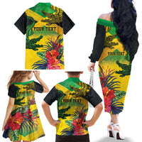 Personalized Jamaica Crocodile Family Matching Off The Shoulder Long Sleeve Dress and Hawaiian Shirt Tropical Flowers Grunge Flag - Wonder Print Shop
