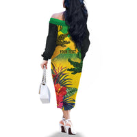 Personalized Jamaica Crocodile Family Matching Off The Shoulder Long Sleeve Dress and Hawaiian Shirt Tropical Flowers Grunge Flag - Wonder Print Shop