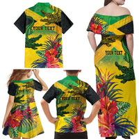 Personalized Jamaica Crocodile Family Matching Off Shoulder Maxi Dress and Hawaiian Shirt Tropical Flowers Grunge Flag - Wonder Print Shop