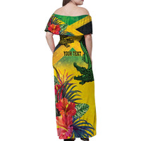 Personalized Jamaica Crocodile Family Matching Off Shoulder Maxi Dress and Hawaiian Shirt Tropical Flowers Grunge Flag - Wonder Print Shop