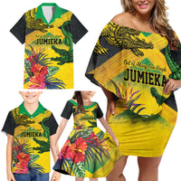 Personalized Jamaica Crocodile Family Matching Off Shoulder Short Dress and Hawaiian Shirt Tropical Flowers Grunge Flag - Wonder Print Shop