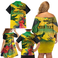 Personalized Jamaica Crocodile Family Matching Off Shoulder Short Dress and Hawaiian Shirt Tropical Flowers Grunge Flag - Wonder Print Shop