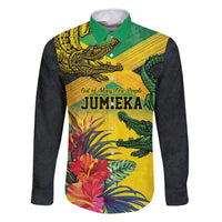 Personalized Jamaica Crocodile Family Matching Off Shoulder Short Dress and Hawaiian Shirt Tropical Flowers Grunge Flag - Wonder Print Shop