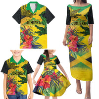 Personalized Jamaica Crocodile Family Matching Puletasi and Hawaiian Shirt Tropical Flowers Grunge Flag - Wonder Print Shop