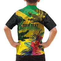 Personalized Jamaica Crocodile Family Matching Short Sleeve Bodycon Dress and Hawaiian Shirt Tropical Flowers Grunge Flag - Wonder Print Shop