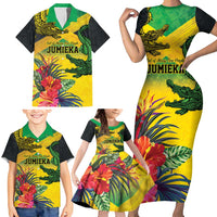 Personalized Jamaica Crocodile Family Matching Short Sleeve Bodycon Dress and Hawaiian Shirt Tropical Flowers Grunge Flag - Wonder Print Shop