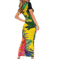 Personalized Jamaica Crocodile Family Matching Short Sleeve Bodycon Dress and Hawaiian Shirt Tropical Flowers Grunge Flag - Wonder Print Shop