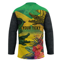 Personalized Jamaica Crocodile Hockey Jersey Tropical Flowers Grunge Flag - Wonder Print Shop