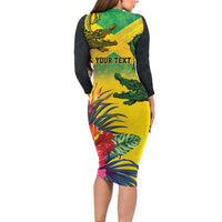 Personalized Jamaica Crocodile Long Sleeve Bodycon Dress Tropical Flowers Grunge Flag - Wonder Print Shop