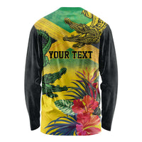 Personalized Jamaica Crocodile Long Sleeve Shirt Tropical Flowers Grunge Flag - Wonder Print Shop