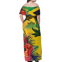 Personalized Jamaica Crocodile Off Shoulder Maxi Dress Tropical Flowers Grunge Flag - Wonder Print Shop