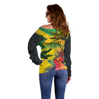 Personalized Jamaica Crocodile Off Shoulder Sweater Tropical Flowers Grunge Flag - Wonder Print Shop