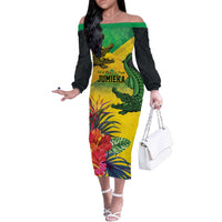 Personalized Jamaica Crocodile Off The Shoulder Long Sleeve Dress Tropical Flowers Grunge Flag - Wonder Print Shop