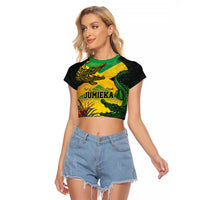 Personalized Jamaica Crocodile Raglan Cropped T Shirt Tropical Flowers Grunge Flag - Wonder Print Shop