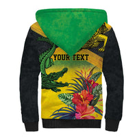 Personalized Jamaica Crocodile Sherpa Hoodie Tropical Flowers Grunge Flag - Wonder Print Shop